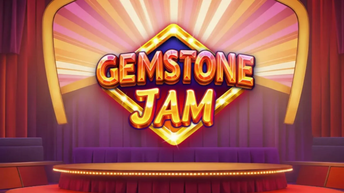 Tampilan layar permainan slot Gemstone Jam dengan simbol permata dan nuansa panggung TV