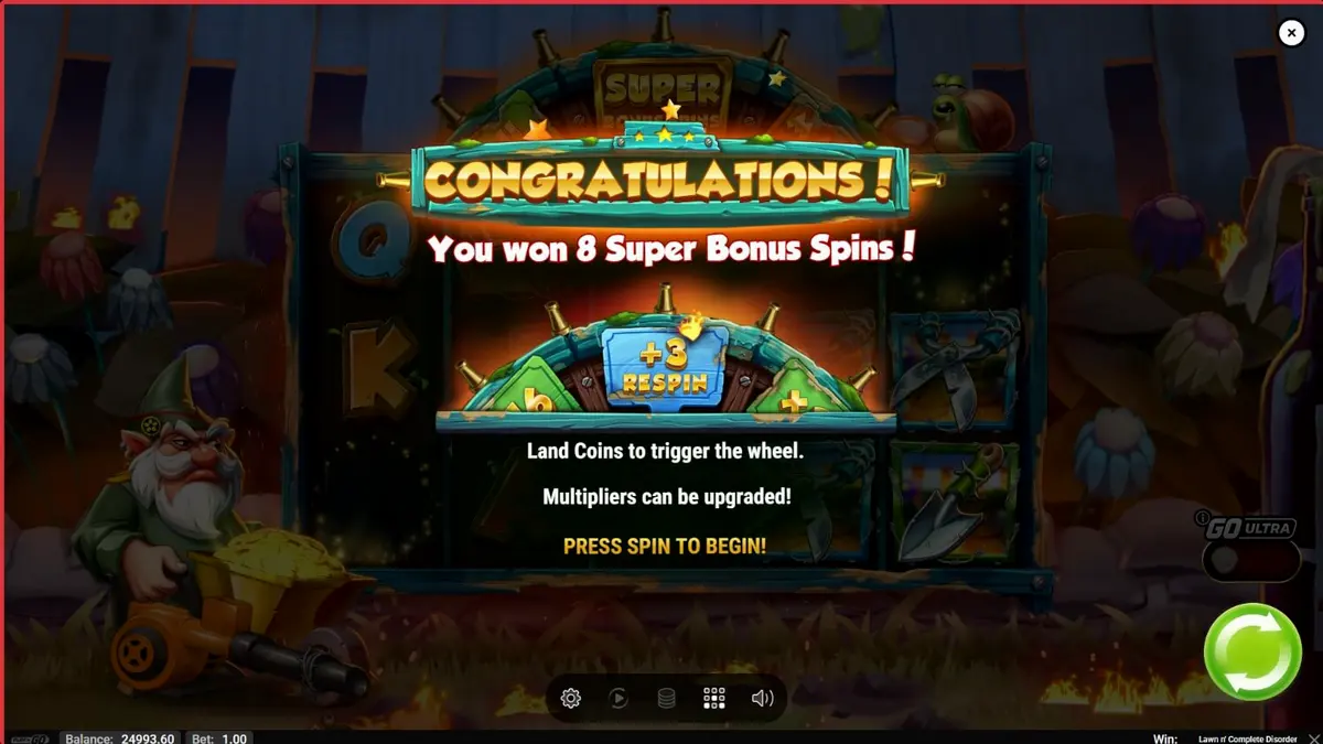 Lawn N’ Complete Disorder slot dengan tema gnome dan taman yang terbakar